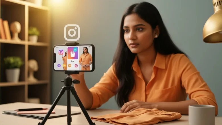 Creator using Instagram Reels with shopping tags displayed on screen.