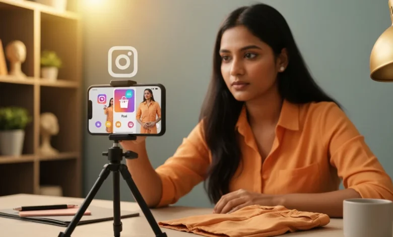 Creator using Instagram Reels with shopping tags displayed on screen.