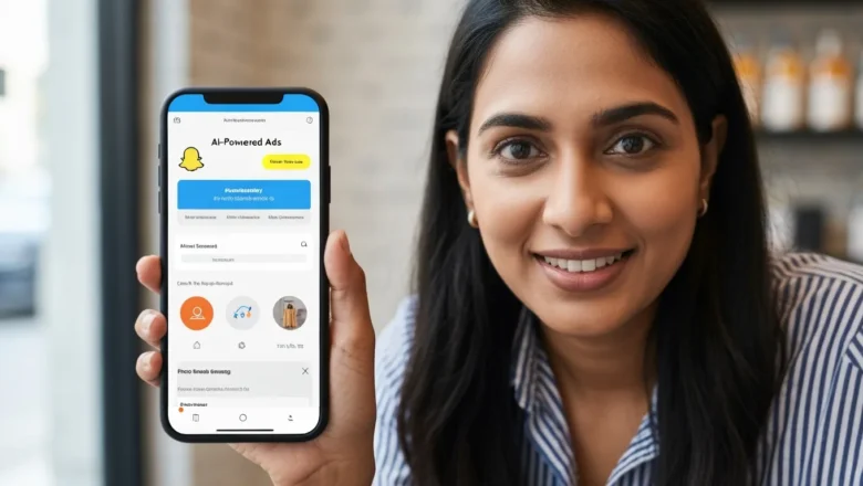 A local business owner using Snapchat’s AI-Powered Ads dashboard on a smartphone to target nearby customers