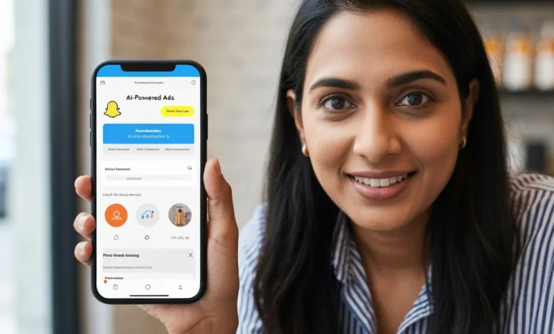 A local business owner using Snapchat’s AI-Powered Ads dashboard on a smartphone to target nearby customers