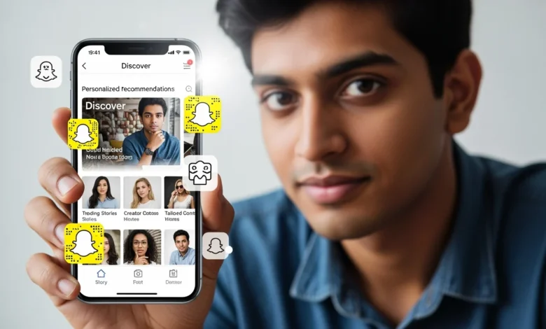 A user browsing personalized content on Snapchat's Discover tab, with various stories and ads tailored to their interests.