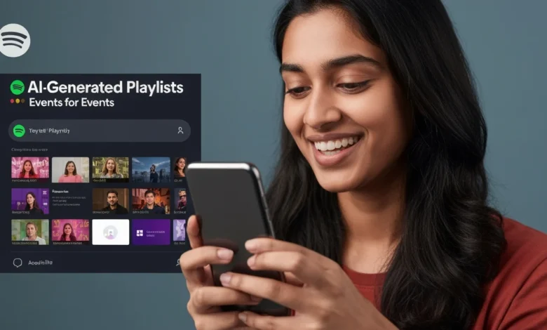 Smartphone showing Spotify AI-Generated Playlists for Events feature with curated event music.