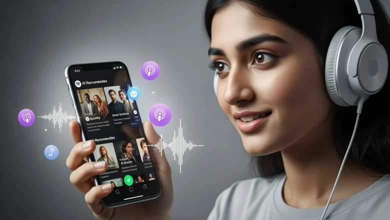 A user browsing Spotify on a smartphone with AI-powered podcast recommendations displayed.