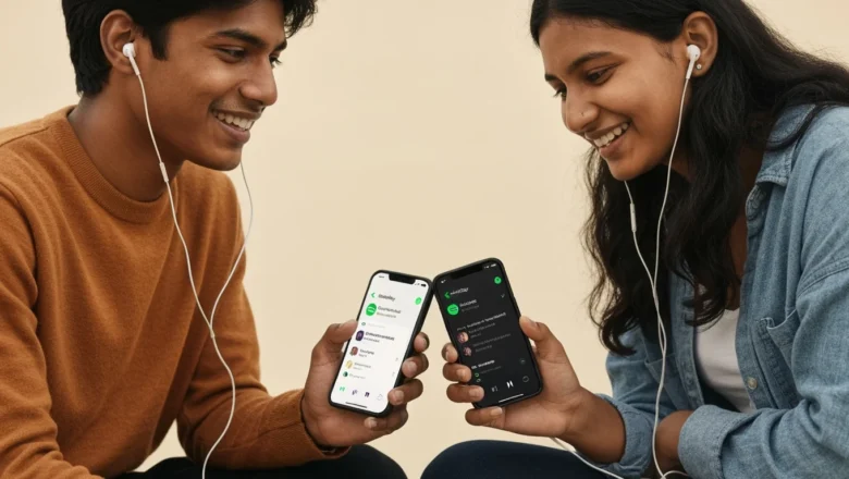 Friends using Spotify’s AI-powered playlist sharing feature on smartphones