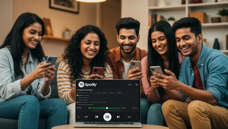 Users enjoying Spotify’s new Collaborative Listening Sessions feature with friends in real-time.