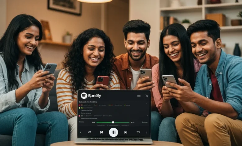 Users enjoying Spotify’s new Collaborative Listening Sessions feature with friends in real-time.