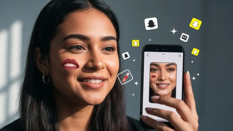 User engaging with Snapchat AR filter for makeup ad.