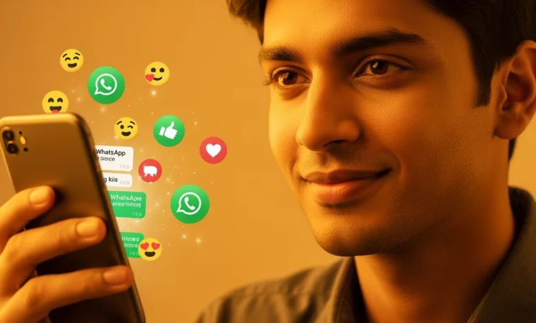 User tapping emoji to react to a WhatsApp group message on smartphone