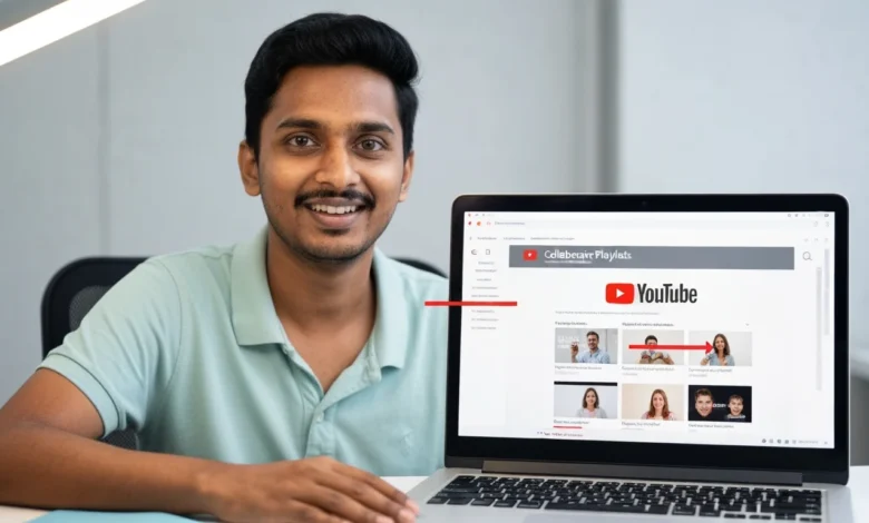 Screenshot showing YouTube’s new Collaborative Playlists feature in action.