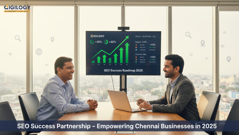 Indian business owner with SEO consultant reviewing upward-trending analytics in a Chennai office, symbolizing SEO success with Digilogy