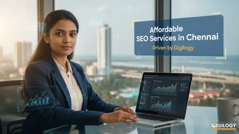 Young Indian small business owner in Chennai facing camera confidently in a modern digital marketing office, analyzing SEO dashboards and Google rankings displayed on laptop.