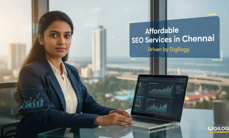 Young Indian small business owner in Chennai facing camera confidently in a modern digital marketing office, analyzing SEO dashboards and Google rankings displayed on laptop.