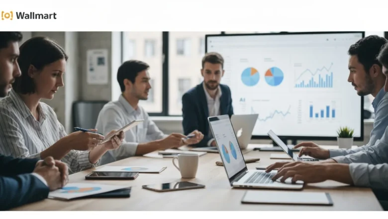 Team brainstorming AI-driven digital marketing strategies in a modern office