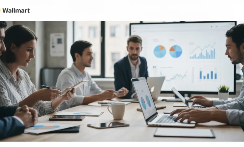 Team brainstorming AI-driven digital marketing strategies in a modern office