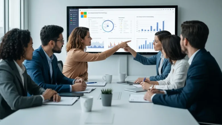 AI-powered marketing insights displayed on a conference room screen with a diverse team collaborating.