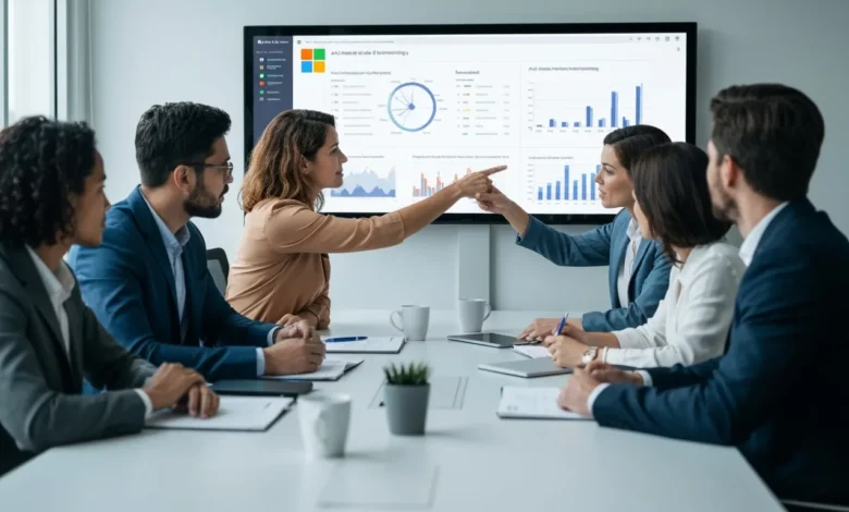 AI-powered marketing insights displayed on a conference room screen with a diverse team collaborating.