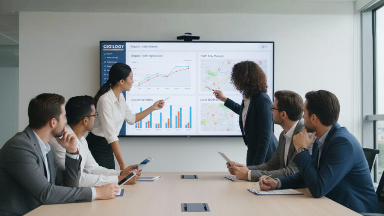 Digilogy team in a modern office discussing SEO strategies with growth charts and local SEO metrics on a whiteboard. Overlay text: 'Transforming Visibility into Profit