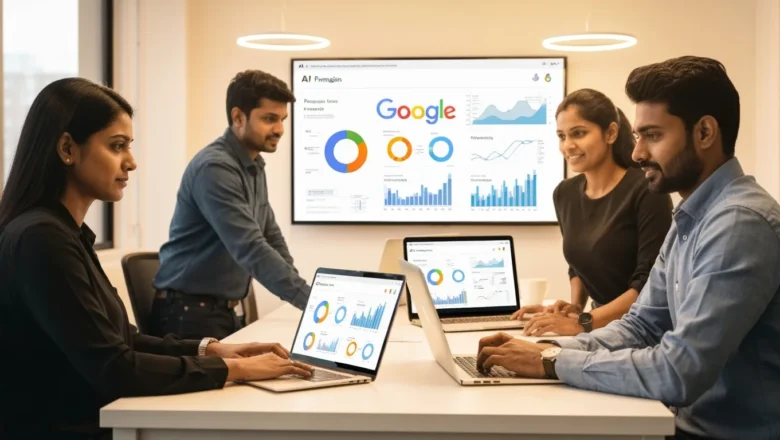 Indian digital marketers using Google AI Marketing Tools with dashboards and campaign charts in an office