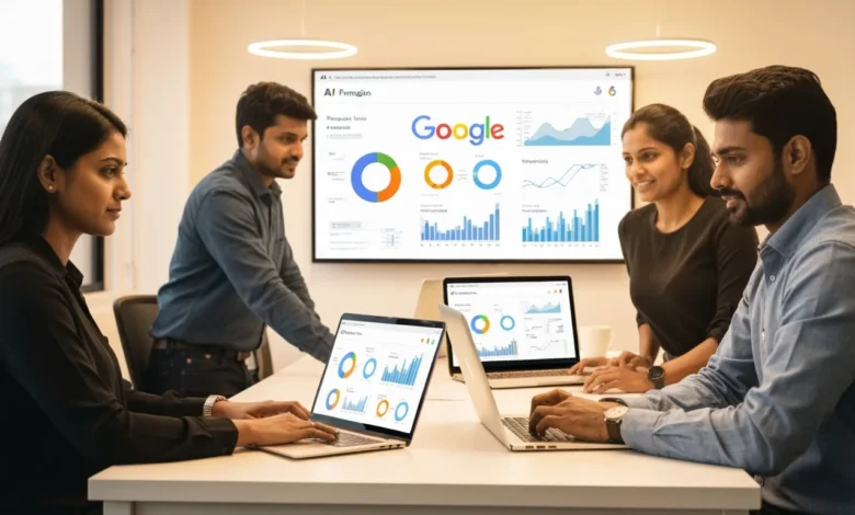 Indian digital marketers using Google AI Marketing Tools with dashboards and campaign charts in an office
