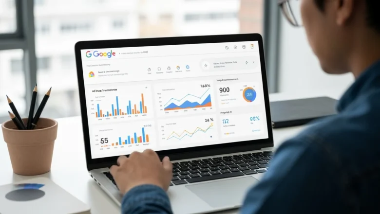 Digital marketing professional using Google AI marketing tools for SMEs on laptop