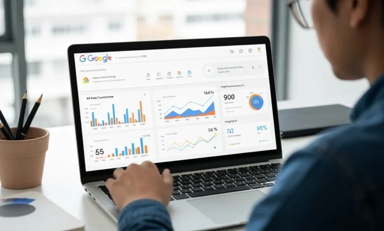 Digital marketing professional using Google AI marketing tools for SMEs on laptop