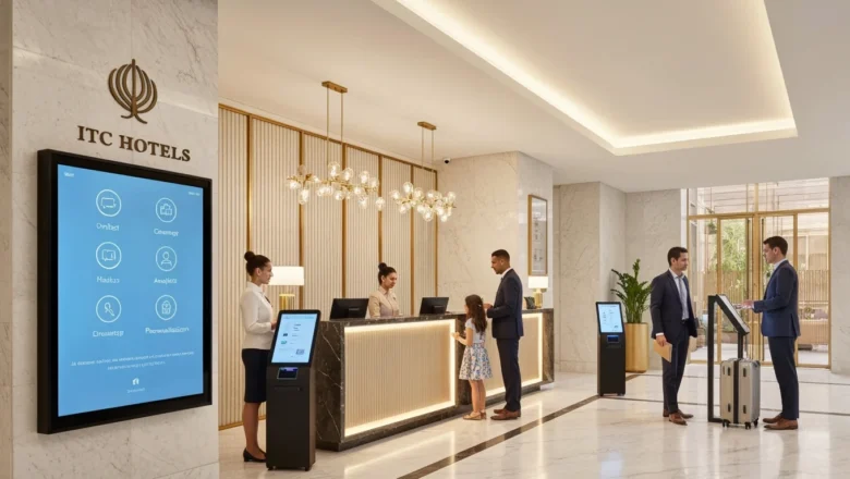 ITC Hotels lobby with AI-enhanced engagement system and brand logo