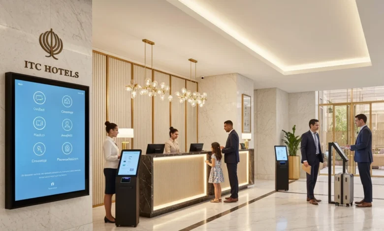 ITC Hotels lobby with AI-enhanced engagement system and brand logo