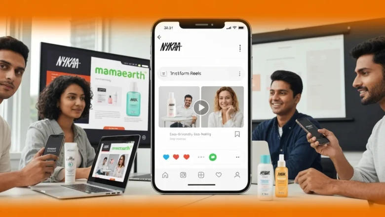 Nykaa and Mamaearth short-form video marketing with logos on digital screens