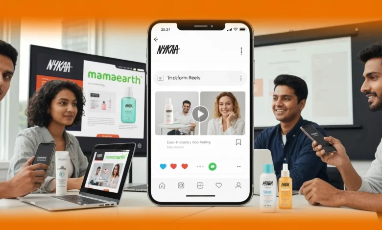 Nykaa and Mamaearth short-form video marketing with logos on digital screens