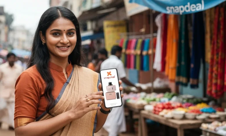 Regional influencer from Tamil Nadu promoting Snapdeal products in a local market.