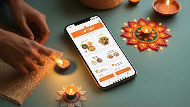 Swiggy Interactive Festive Marketing Campaign hero image with app and Diwali décor