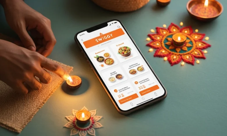 Swiggy Interactive Festive Marketing Campaign hero image with app and Diwali décor