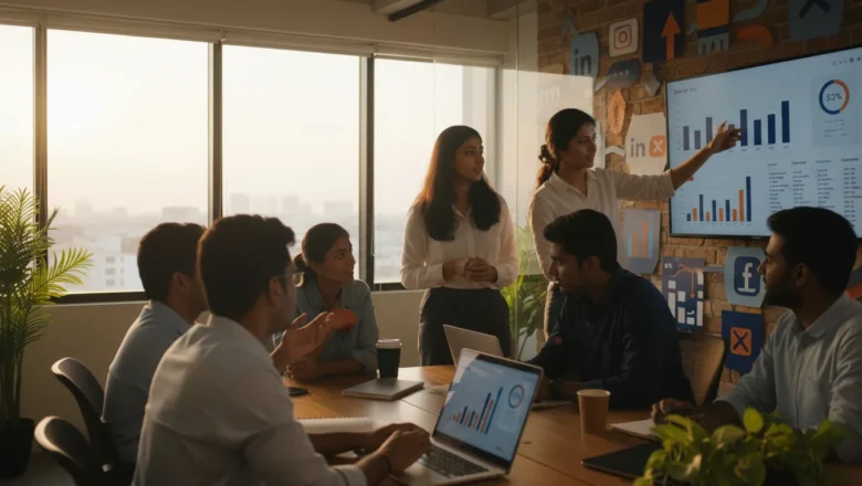 Young Indian professionals brainstorming digital marketing strategies at Digilogy office in Chennai