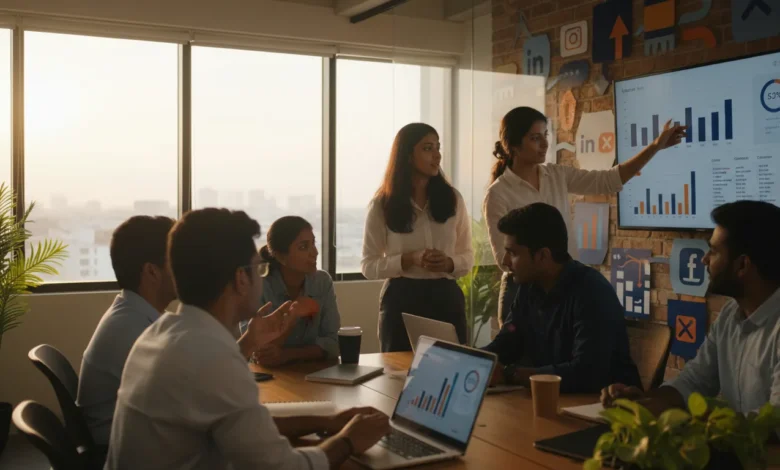 Young Indian professionals brainstorming digital marketing strategies at Digilogy office in Chennai