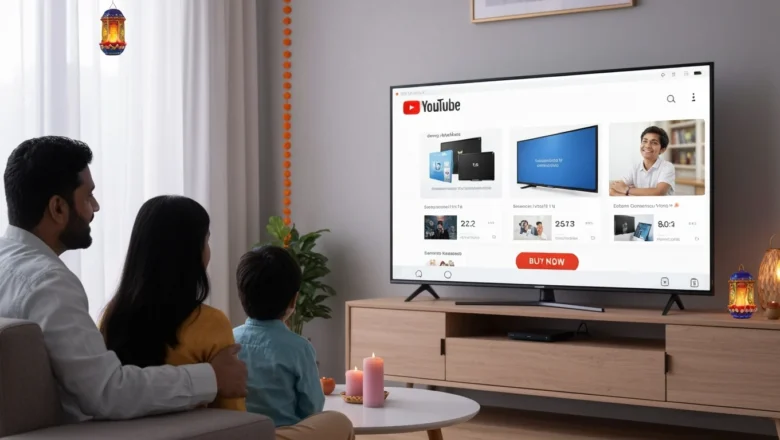 Indian family watching YouTube shoppable connected TV ads on a smart TV with the YouTube logo