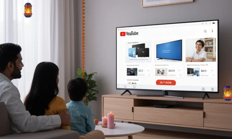 Indian family watching YouTube shoppable connected TV ads on a smart TV with the YouTube logo