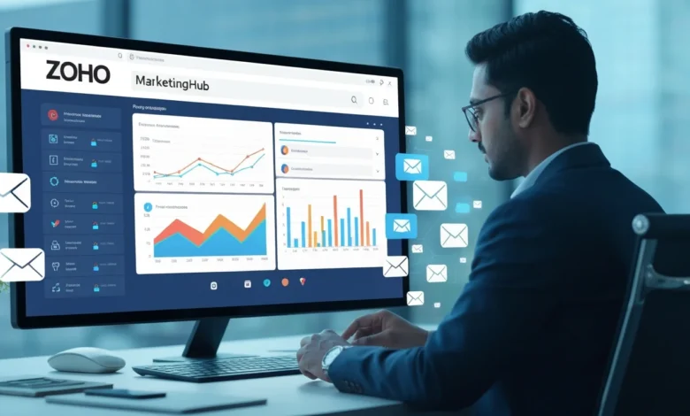 Zoho MarketingHub AI-driven email segmentation dashboard with Zoho logo
