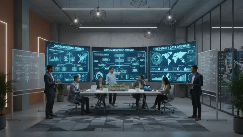 Indian marketing professionals analyzing 2025 marketing trends using AI dashboards