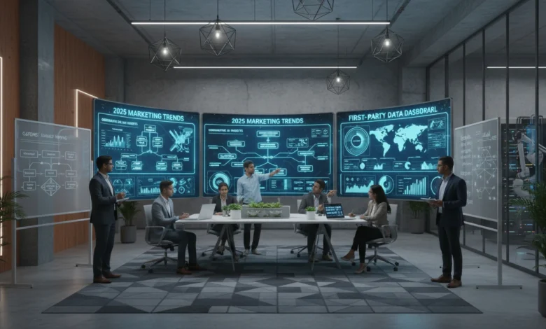 Indian marketing professionals analyzing 2025 marketing trends using AI dashboards