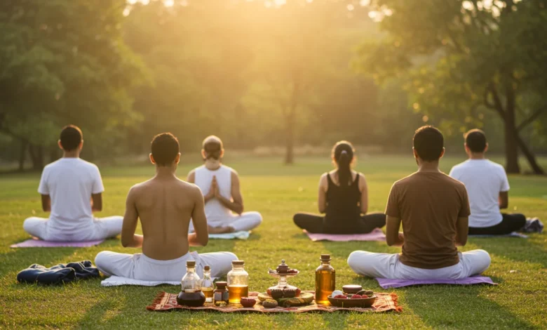 Indian people practicing yoga and using Ayurvedic wellness products