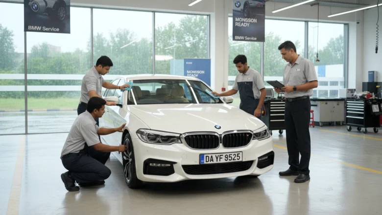 Indian BMW owner receiving monsoon service checkup at a BMW workshop