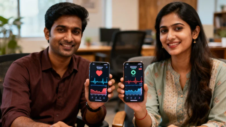 Indian man and woman using the Deep Health India AI app for a facial wellness scan