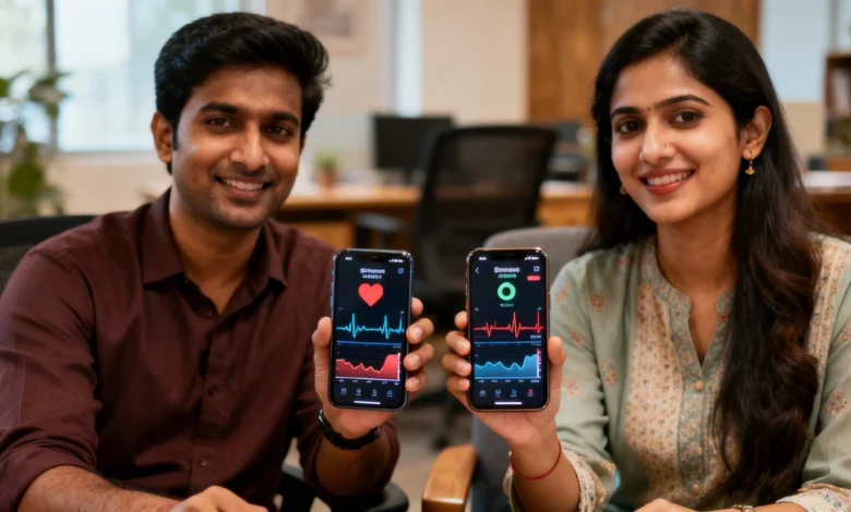Indian man and woman using the Deep Health India AI app for a facial wellness scan