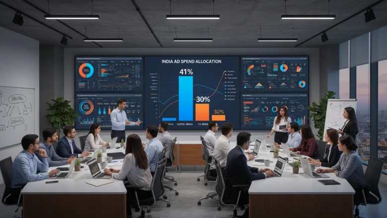 Indian marketers analyzing digital media growth charts showing 41% ad spend share
