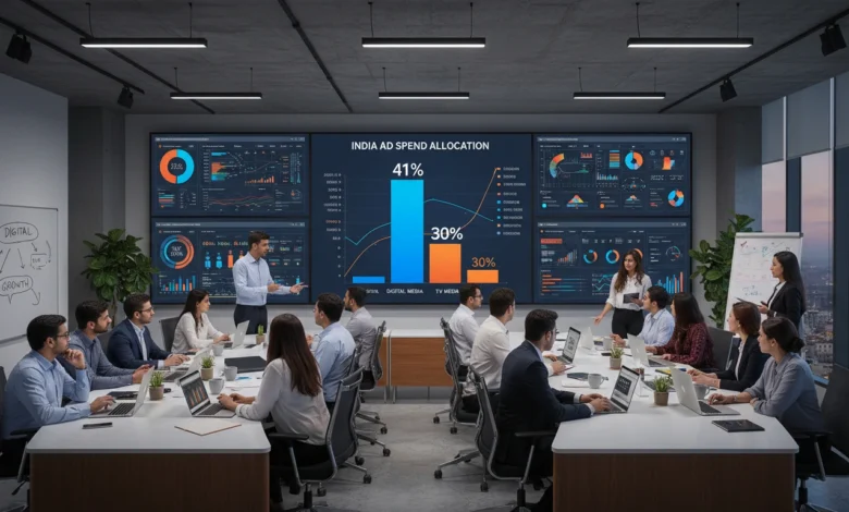 Indian marketers analyzing digital media growth charts showing 41% ad spend share