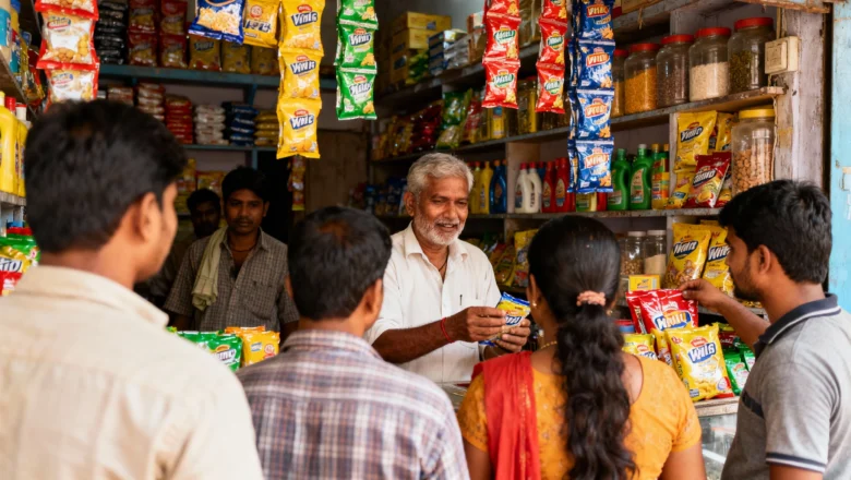 Rural Indian kirana shop showing customers buying daily FMCG essentials