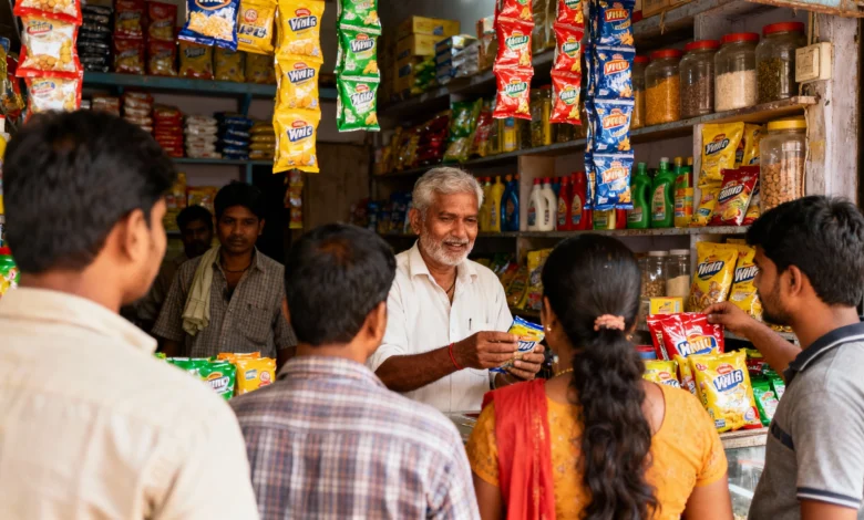 Rural Indian kirana shop showing customers buying daily FMCG essentials