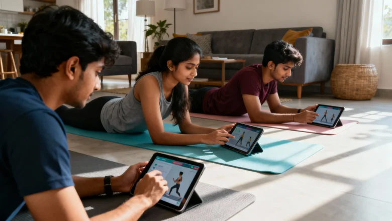 Indian Gen Z adults doing app-based workouts at home with yoga mats and smartphones