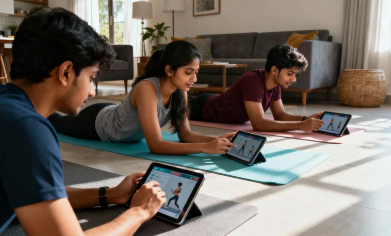 Indian Gen Z adults doing app-based workouts at home with yoga mats and smartphones