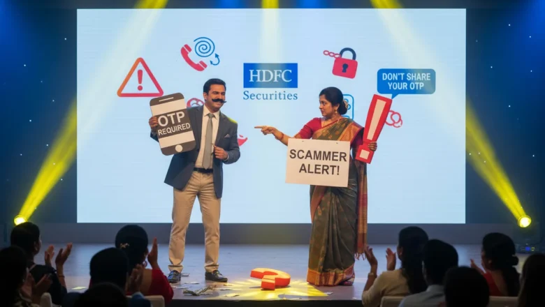 HDFC Securities fraud awareness campaign visual with characters educating users